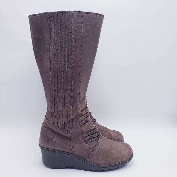 KEEN Womens Brown Zurich Leather Wedge Heel Knee High Boots Side Zip Size 10 - Picture 1 of 11